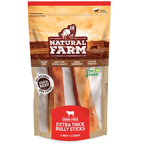 Natural Farm Odor-Free Jumbo Bully Sticks, (6 Inch, 2 Pack), Extra-Thick Chews for Dogs, Fully Digestible 100% Beef Treats, Great for Dental Health, Keep Your Dog Busy with 50% Longer Lasting Chews