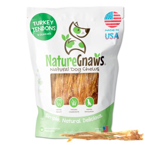 Nature Gnaws USA Turkey Tendons for Dogs - Premium Natural Chew Treats - Delicious Reward Snack for Small Medium & Large Dogs - Made in The USA 4 oz Bag