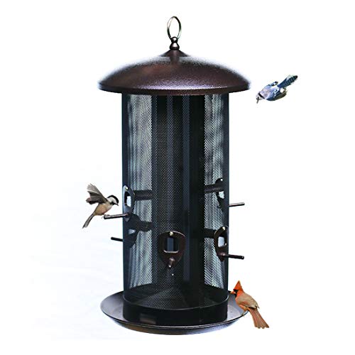 Nature's Rhythm Metal Hopper Bird Feeder Two Chambers，Heavy Duty Mesh Metal Dual Seed Compartments Outdoor Hanging Metal Wild Bird Feeder with 6 Feeding Ports,10lbs Seed Capacity