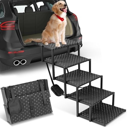 Niubya Dog Ramps for Cars, Portable Folding Dog Stairs for Cars, SUV, Trucks, Lightweight Pet Ramp for Large Dogs with Non-Slip Surface, Reinforced Dog Steps Supports Up to 200 lb, 5 Steps