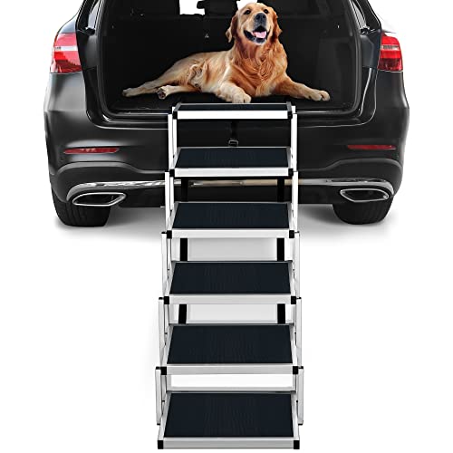 Niubya Folding Car Dog Steps Stairs, Lightweight Aluminum Portable 6 Step Pet Ladder Ramp for Medium and Large Dogs to Get into Car, Truck, SUV and High Bed, Supports 150-200 lb