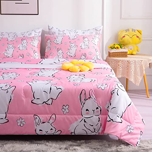 NiuOne Kids Bedding Sets for Girls, Twin Comforter Set for Girls,7 Piece Pink Bunny Bed Set Twin Size, Cute Rabbit Bed in a Bag, Girls Twin Bedding Set with Sheets