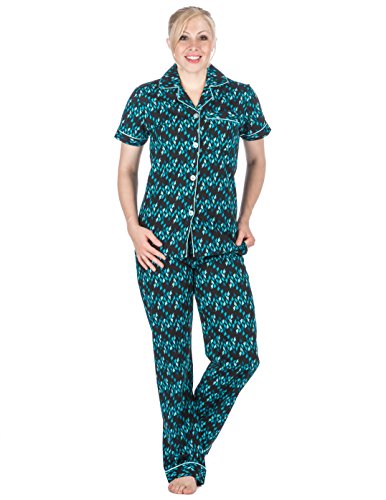 Noble Mount Womens Cotton Poplin Short Sleeve Pajama Set - Fluid Hearts Navy/Blue - M