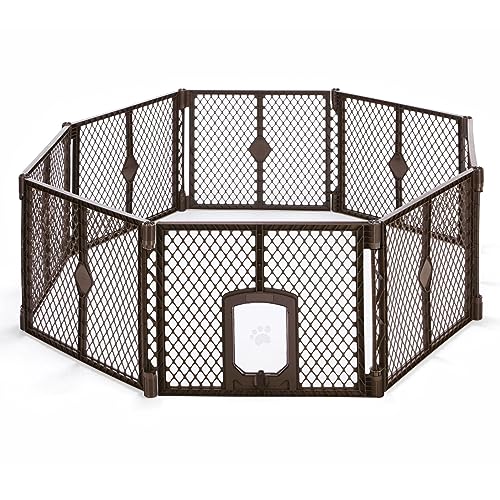 North States MyPet Petyard Passage: 6.5 Ft. Wide Customizable Folding Dog Playpen Indoor/Outdoor. Made in USA. 8-panel Puppy Playpen, Lockable Pet Door. Freestanding Play Pen Dog Gate 26" Tall, Brown