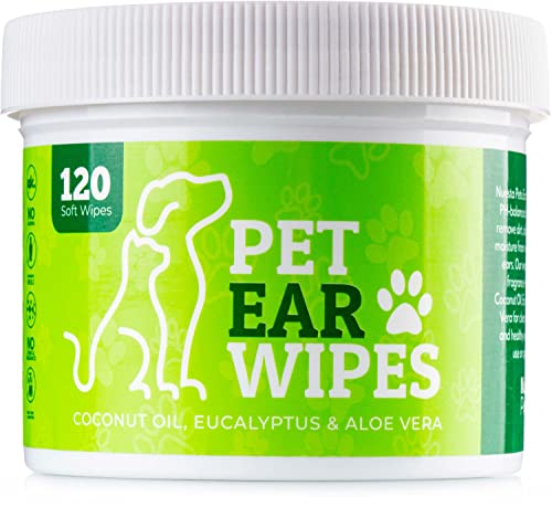 Nuesta Pets – 120 Pet Ear Wipes for Dogs w/Itch Relief | Advanced Natural Coconut Oil, Eucalyptus & Aloe Formula | Irritation Relief, Easy Otic Wax Cleaner Solution, Puppy & Kitten Safe