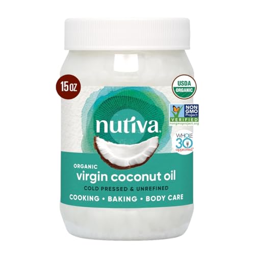 Nutiva Organic Coconut Oil 15 fl oz, Cold-Pressed, Fresh Flavor for Cooking, Natural Hair, Skin, Massage Oil and, Non-GMO, USDA Organic, Unrefined Extra Virgin Coconut Oil (Aceite de Coco)