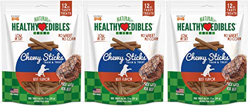 Nylabone 3 Pack of Beef Healthy Edibles Chewy Sticks Treats, 12 Ounces Each, Grain-Free, Made in The USA