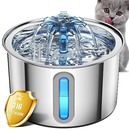 oneisall Cat Water Fountain 316 Stainless Steel, 2L/67oz Automatic Water Fountain for Cats Inside, 3 Replacement Filters & Visual Water Level Window with LED/Pet Supplies