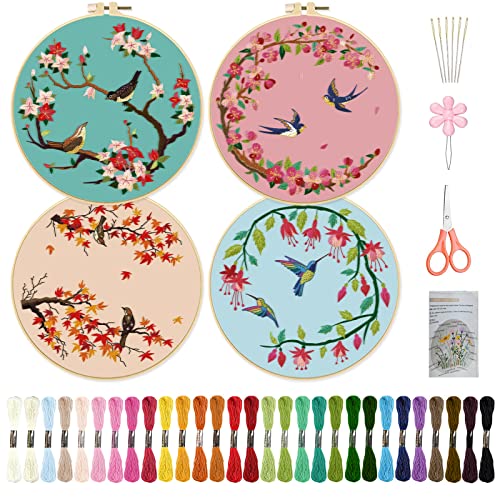 ORIGACH 4 Pcs Bird and Flower Embroidery Starters Kit for Beginners, Cherry Blossom Hummingbird Embroidery Stitch Practice kit Include Embroidery Cloth, Embroidery Hoops, Threads and Needles