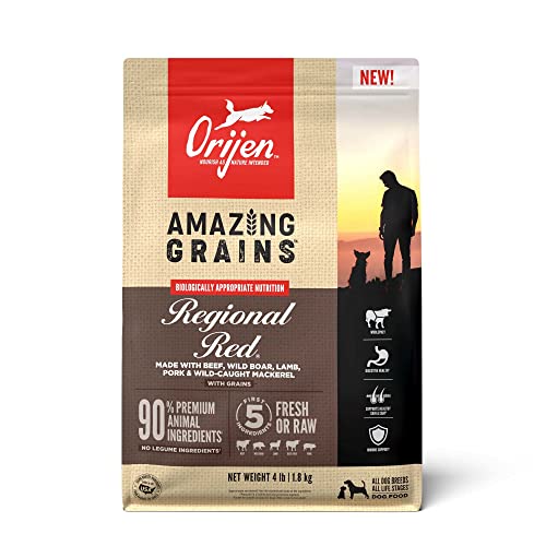 ORIJEN AMAZING GRAINS REGIONAL RED Dry Dog Food, High Protein Dog Food for All Life Stages, Fresh or Raw Ingredients, 4lb