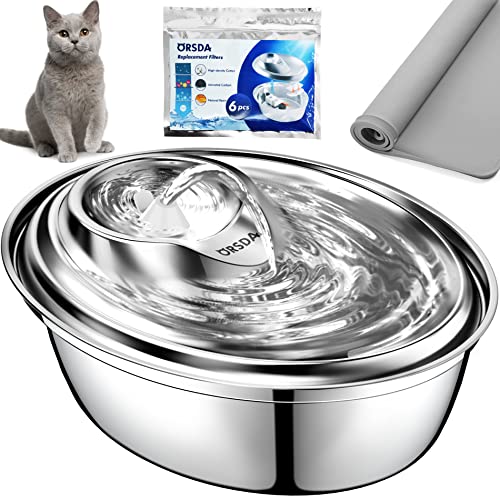 ORSDA Cat Water Fountain Stainless Steel, 2L Pet Fountain Dog Water Dispenser, Automatic Cat Drinking Fountains with 6 Replacement Filters & 1 Silicone Mat for Cats, Small Dogs