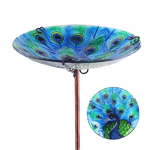 OUISJYER Bird Baths for Outdoors, Peacock Glass Birdbath & Birdfeeder with Metal Pedestal Stake Garden Yard Lawn Decor (31.5" H * 11.5" W)