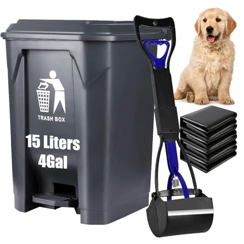 Outdoor Dog Poop Trash Can Pet Waste Station Dog Waste Trash Can Dog Waste Pooper Scooper for Dog Poop Garden Yard Home Kitchen With Pedal, Lid, Removable Inner Bin Bucket, Large Waste Bag (Grey)