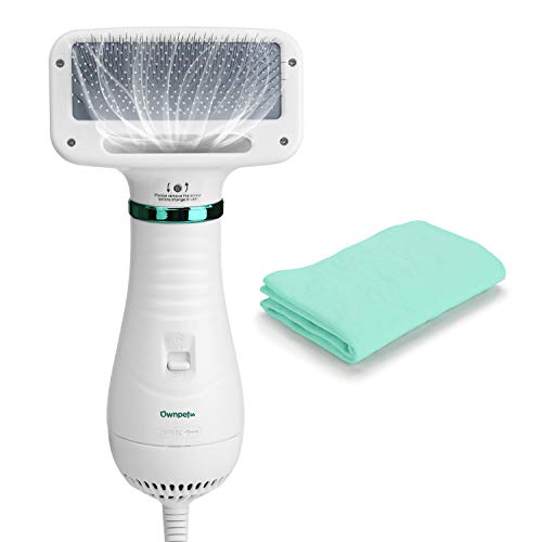 Ownpets Pet Hair Dryer, 2 in 1 Quiet Portable Pet Grooming Blower with Slicker Brush, Adjustable Temperature & Fast-Drying Towel, Home Pet Care for Dogs, Cats & Other Coated Breed