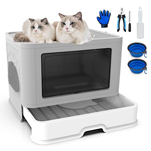 PandaFairy Foldable Cat Litter Box,Extra Large top Entry with lids,Easy to Clean, Smell Proof Anti-Splashing,XL Closed Litter Box(Gray)