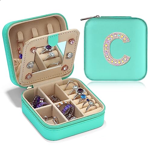 Parima Travel Jewelry Case Jewelry Box - Initial Jewelry Case Organizer Blue Jewelry Boxes Travel Essentials for Women Birthday Mom Friends Her Bridesmaids Teen Girls Teenage Gifts Idea Initial C