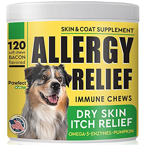 Pawfect Dog Allergy Relief Chews - Anti-Itch Skin Coat Supplement - Itchy Skin Relief Treatment Pills w/Omega 3 Fish Oil - Itching & Paw Licking - Dry Skin & Hot Spots - 120 Immune Treats - Bacon