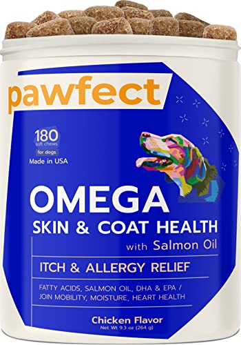 PawfectChew Fish Oil Omega 3 for Dogs - Allergy Relief - Itchy Skin Relief, Shedding, Seasonal Allergies - Skin and Coat Supplement - Made in USA - Salmon Oil Chews