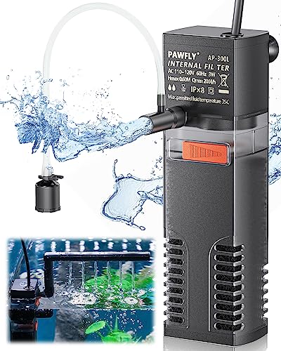 Pawfly Internal Aquarium Filter, Submersible Power Filter with 55 GPH Water Pump for 3 to 10 Gallon Fish Tanks Filtration Circulation and Oxygenation