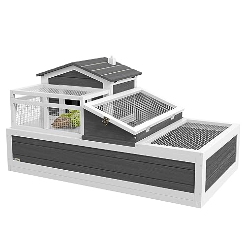 PawHut 3-Room Tortoise House Habitat with Balcony & 2 Stories, Indoor/Outdoor Wooden Tortoise Enclosure with Ladder, Tray, Openable Roof, Large Reptile Cage, 44" x 25.5" x 23", Gray