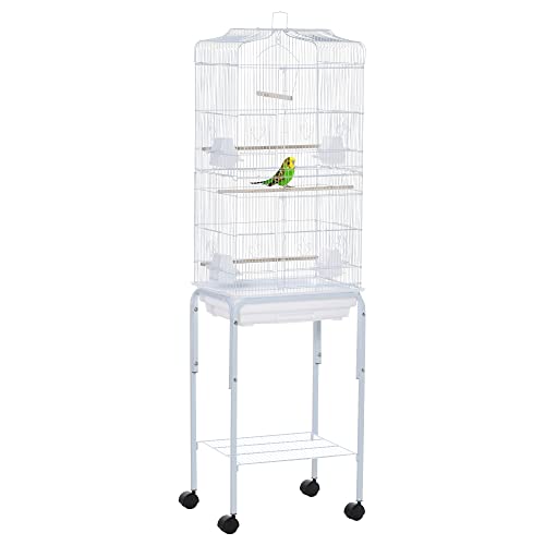 PawHut 63" Metal Indoor Bird Cage Starter Kit With Detachable Rolling Stand, Storage Basket, And Accessories, White