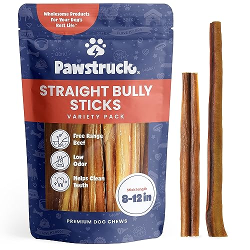 Pawstruck All-Natural 8-12" Bully Sticks for Dogs - Best Long Lasting, Rawhide Free, Low Odor & Grain Free Dental Chew Treat - Healthy Single Ingredient 100% Real Beef - 1 lb Bag