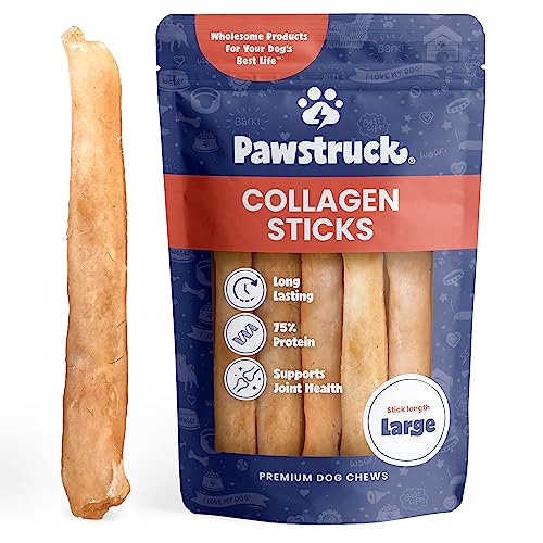 Pawstruck Natural Large 12" Beef Collagen Sticks for Dogs - Healthy Long Lasting Alternative to Traditional Rawhide - High Protein Low Fat Dental Treats w/Chondroitin & Glucosamine - 5 Count