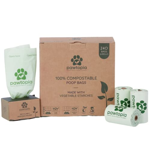 Pawtopia Certified Home Compostable Dog Poop Bags (240 Bags + Paper Dispenser), Biodegradable Poop Bags, Cat Litter, Vegetable Starches, Leak proof Dog Waste Bags, Easy to Open