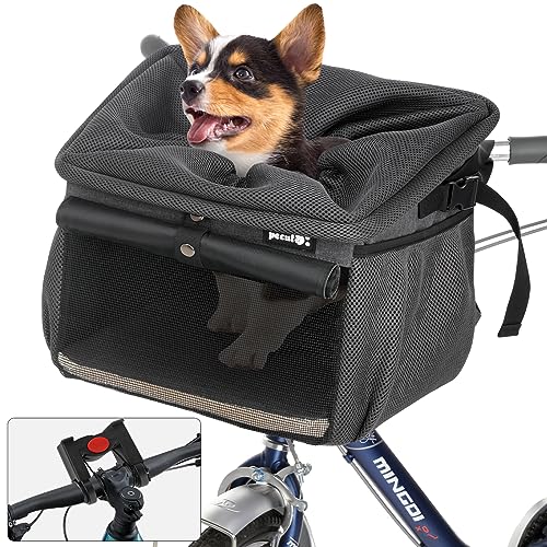 Pecute Dog Basket for Bike + Handlebar Adapter, Dog Bike Basket with Breathable Mesh, Large Side Pockets, Comfy Cushion, Dog Bike Carrier for Small Dogs Cats Pets, Hold Up to 22 lbs