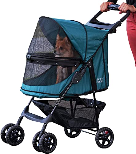 Pet Gear No-Zip Happy Trails Pet Stroller for Cats/Dogs, Zipperless Entry, Easy Fold with Removable Liner, Safety Tether, Storage Basket + Cup Holder, 3 Colors