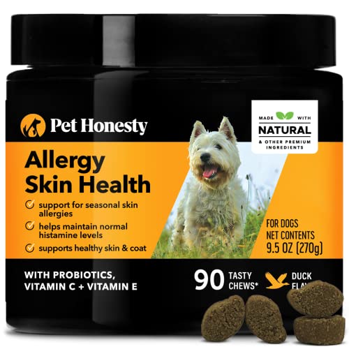 Pet Honesty Allergy Skin Health - Fish Oil for Dogs Omegas, Flaxseed, Probiotics for Healthy Skin, Shiny Coats, Helps Reduce Normal Shedding, Soft Chews for Healthy Skin & Coat - 90 Count (Duck)