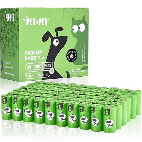 PET N PET 1080 Counts Green Dog Poop Bag Rolls, Dog Bags Doggie Poop Bags, 38% Plant Based & 62% PE Dog Waste Bags, Extra Thick Doggy Poop Bags, Pet Waste Bags Doggie Bags