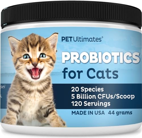 Pet Ultimates Probiotics for Cats – 20-Species Cat Probiotic Powder to Treat Diarrhea, Vomiting, Digestive Support & Cat Antibiotics Recovery – Cat Health Supplies (44 gr)