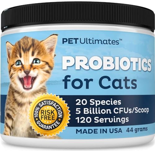 Pet Ultimates Probiotics for Cats – 20-Species Cat Probiotic Powder to Treat Diarrhea, Vomiting, Digestive Support & Cat Antibiotics Recovery – Cat Health Supplies (44 gr)