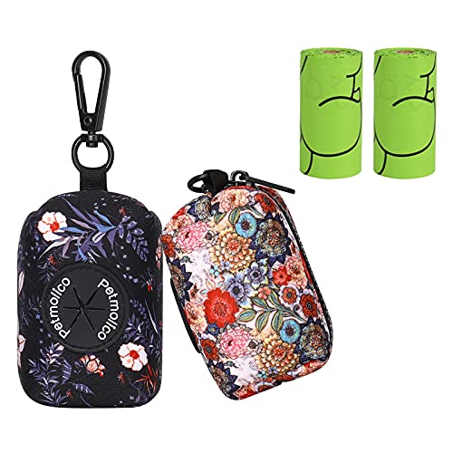 Petmolico Dog Poop Bag Holder Leash Attachment, Dog Waste Bag Dispenser Zippered Pouch, Fits Any Dog Leash, Includes Free Roll of Dog Bags, Poop Bag Dispenser - 2 Pack, Boho Floral