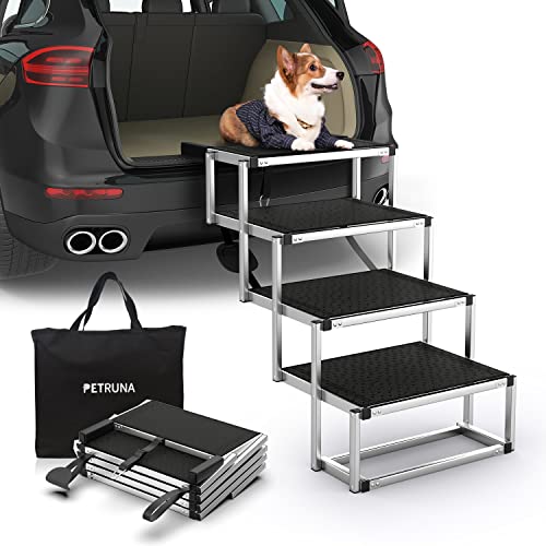 PetRuna Dog Car Ramp for Large Dogs, Portable Aluminum Foldable Pet Ladder Ramp with Non-Slip Surface, Lightweight Dog Stairs for Cars SUV, High Beds & Trucks, Supports up to 150 lbs, 4 Steps