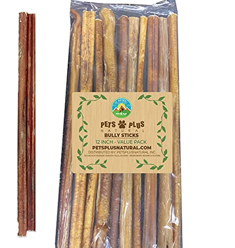 Pets Plus Natural 12 Inch Premium Grade All-Natural Bully Sticks - USA-Made Rawhide Alternatives (10 Pack)