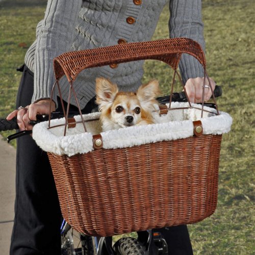PetSafe Happy Ride Wicker Bicycle Basket for Dogs and Cats -Stylish Weather Resistant-Comfortable, Easy to Clean Soft Liner - Removable Sun Shield Included, Brown Wicker, 16.5 Inch x 10 Inch x 13 Inch