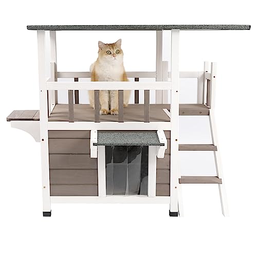 PetsCosset Outdoor Cat House Weatherproof - Two Story Wooden Cat Shelter Outside Feral Cat House with Climbing Ladder, Rain Curtain, Escape Door