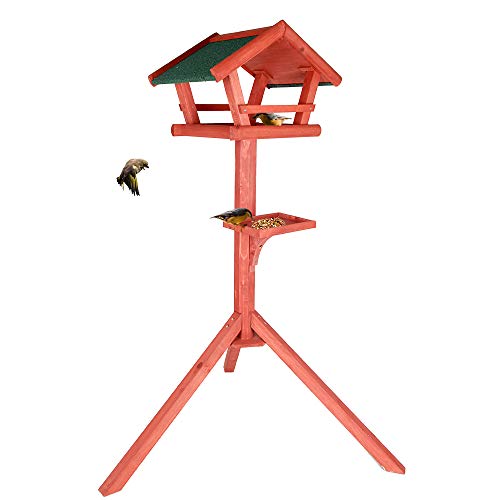 Petsfit Outdoor Bird Feeder Stand, Wooden Bird Table Tray Feeder Pole Hanger for Outside with Real Shingles and Tripod Base, 47" High (Medium)