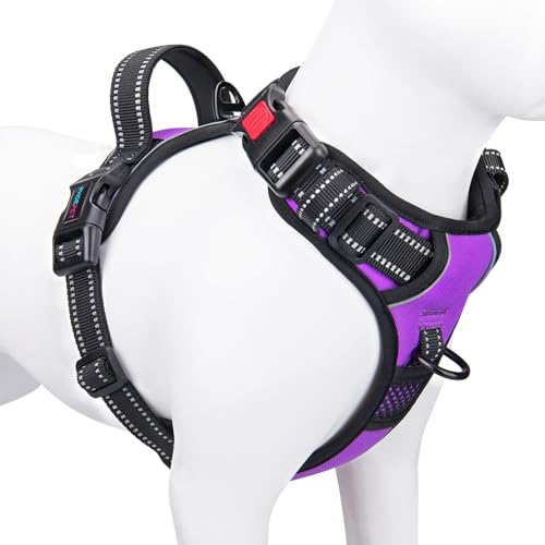 PHOEPET No Pull Dog Harnesses for Small Dogs Reflective Adjustable Front Clip Vest with Handle 2 Metal Rings 3 Buckles [Easy to Put on & Take Off](S, Purple)