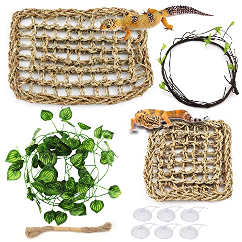 PietyPet Bearded Dragon Tank Accessories, Bearded Dragon Hammock Reptile Hide Decor, 2 Reptile Hammock with Climbing Vines Plants, Leopard Gecko Tank Accessories for Chameleon, Lizards, Snakes