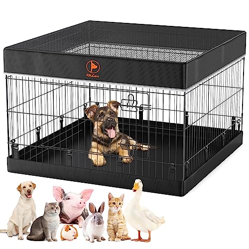 PJYuCien 24” Puppy Playpen, 4-Panel Exercise Dog Playpen with Bottom & Top Cover, Heavy-Duty Metal Foldable Pet Playpen Crate Cage with Door for Small Animals Indoor/Outdoor, 36”L x 36”W x 24”H