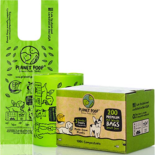 Planet Poop Compostable Dog Poop Bags for Small Pets | Large Single Roll 200 Mini Size Grab & Go | Biodegradable Un-Scented Dog Waste Bags with Handles | Leakproof Doggy Cat Bag | Plant Based Pet Supplies