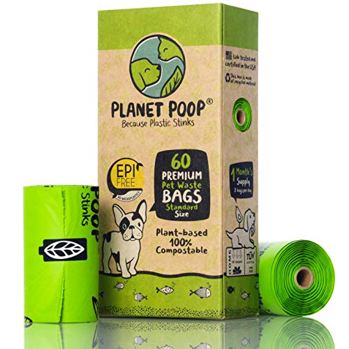 PLANET POOP Home Compostable Dog Poop Bags on Refill Rolls, 60 Un-Scented Pet Waste Bags, Thick Leakproof Plant-Based Doggy Bag, Cat & Dogs Supplies