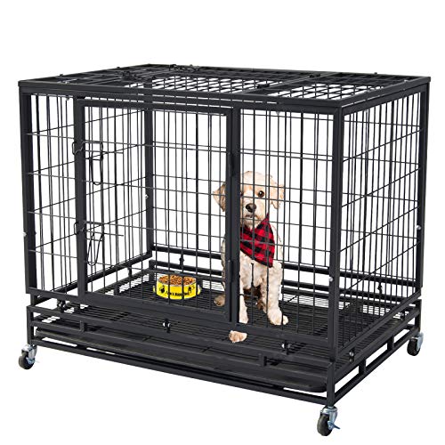 Polar Aurora 37"/46" Pet Dog Cage Heavy Duty Strong Metal Wire Crate Kennel Playpen for Training Indoor Outdoor w/Lockable 4 Wheels &Tray & Double Doors & Locks Design (37)