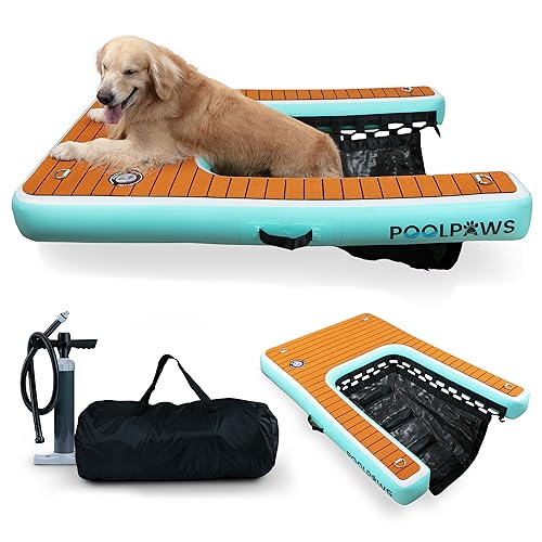 PoolPaws Inflatable Dog on Water Ramp - XL Dog Boat Ramp for Boats, Pools, Docks, Non-Slip EVA Foam Surface, Durable Pup Plank Dog Pool Ramp included with Ropes, Repair kit & Pump, Dogs up to 210lbs