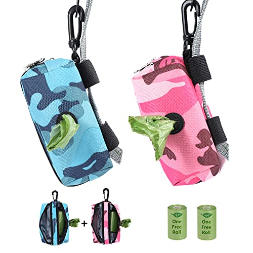 Poop Bag Holder 2 Pack - Dog Poop Bag Dispenser for Leash - Dog Waste Bag Holder for Leash attachment Protable,2 Lock Zipper,Large Capacity,600D Durable Fabric,Doggy Poop Bags Holder,Camo Pink Blue