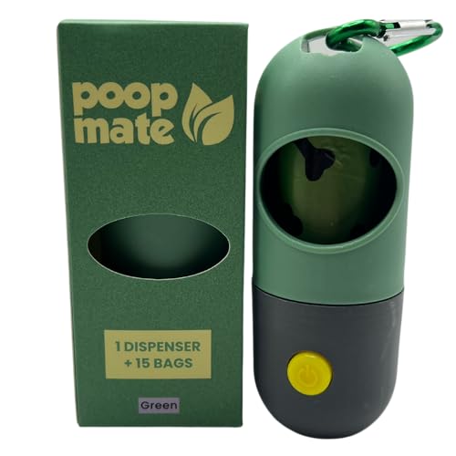 Poop Mate Dog Poop Bag Holder with Built-in LED Flashlight for Dog Walking, Pet Waste & Dog Poop Bag Holder for Leash with Metal Clip for Lead - Green Poop Bag Dispenser + 1 Roll (15 Bags)