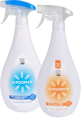 Pooph Pet Odor Eliminator & Pooph Kitty Litter Box Deodorizer - 2-32oz Bottles - Dismantles Odors on a Molecular Basis, Cats, Freshener, Eliminator, Urine, Poop, Pee, Deodorizer, Fresh, Clean